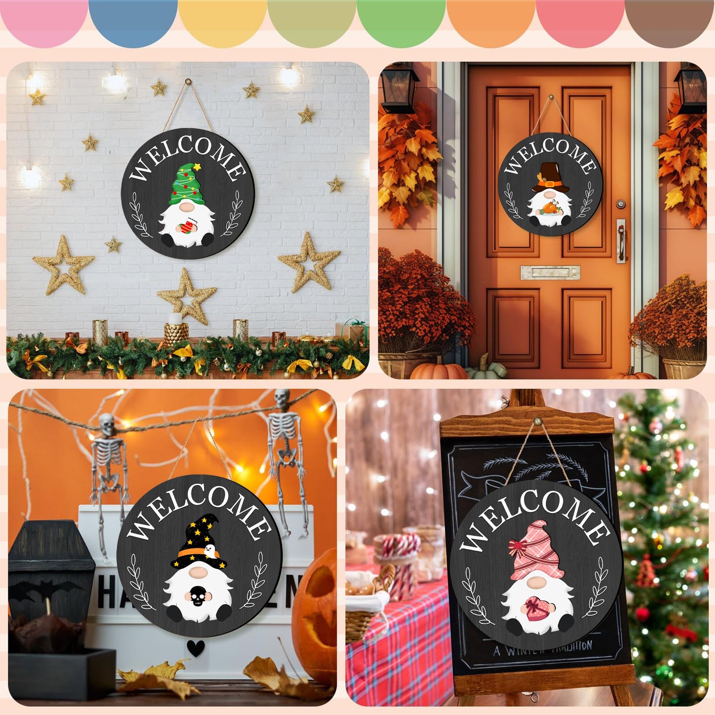 Veluckin Seasonal Gnome Wall Decor Set, 11.8 inch Wooden Round Sign with Interchangeable Holiday Hats, Welcome Door Hanging (Black grey-3)