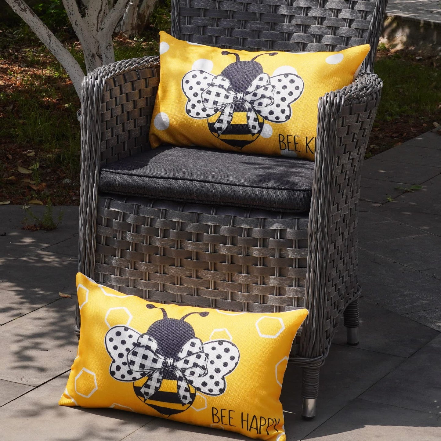 ONWAY Bees Summer Throw Pillow Covers 12x20 Inch Set of 2 Stripes Polka Dots Honey Bee Yellow Decorative Lumbar Farmhouse Cushion Case for Sofa Couch Home Bed