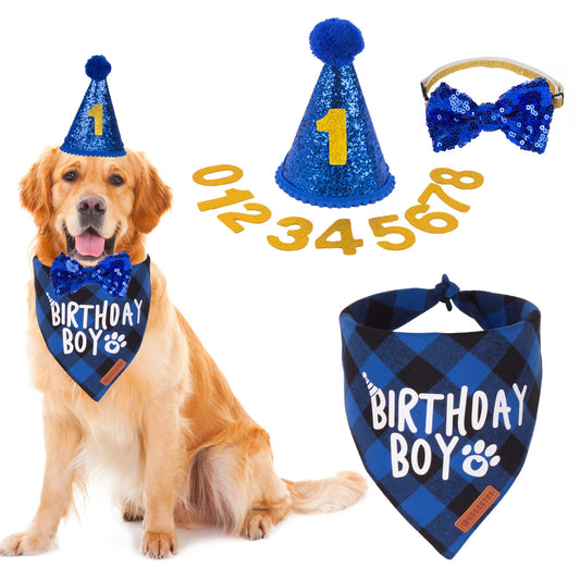 ADOGGYGO Dog Birthday Party Supplies, Multi Size Offered, Blue Dog Birthday Hat Bandana Numbers Bow Set for Large X-Large Dogs Pets (X-Large)