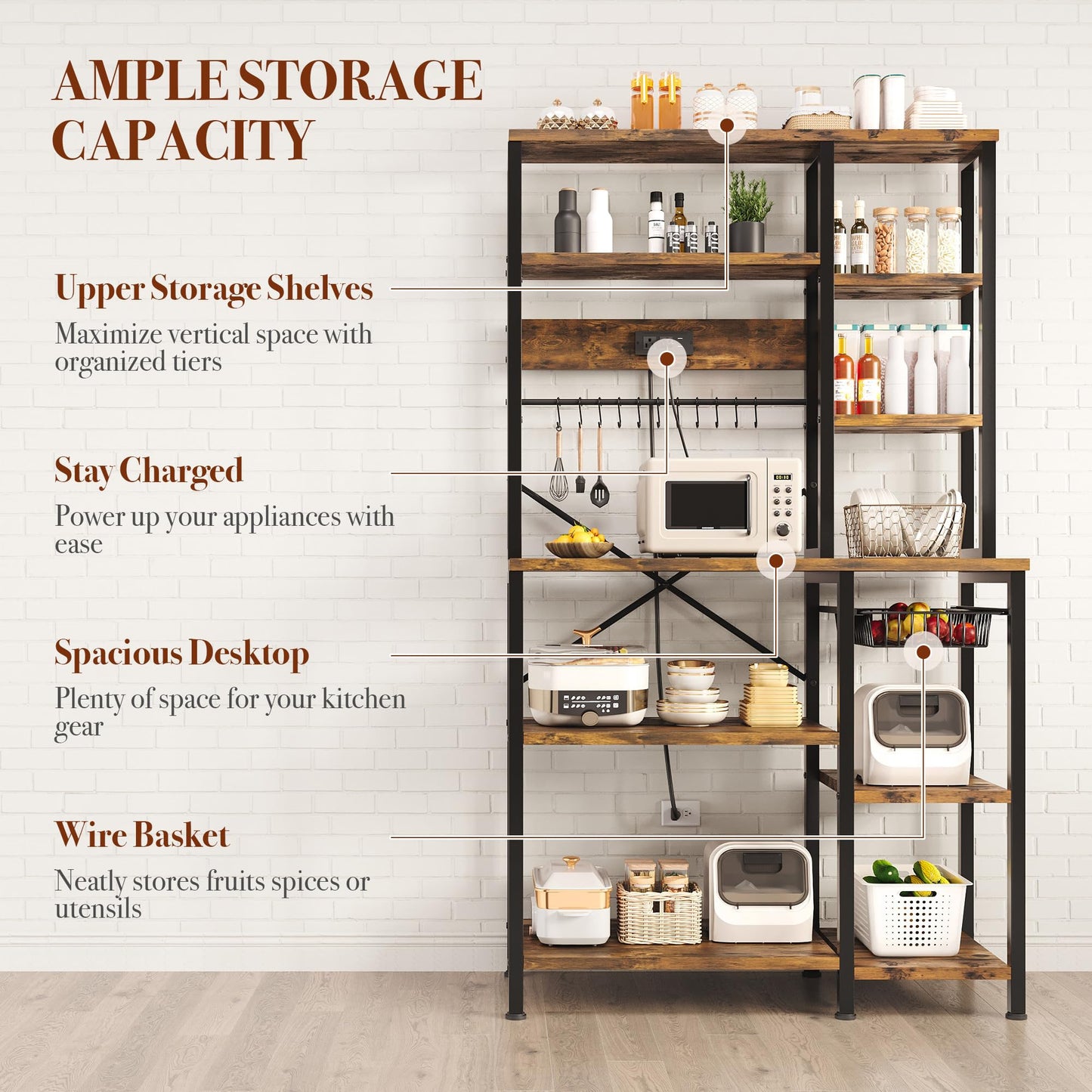 GRUSIGN Kitchen Bakers Rack with Storage, 6-Tier Coffee Bar Station with Power Outlet, Microwave Stand with 12 S-Shaped Hooks, Open Kitchen Storage Shelves for Spices, Pots and Pans, Rustic Brown