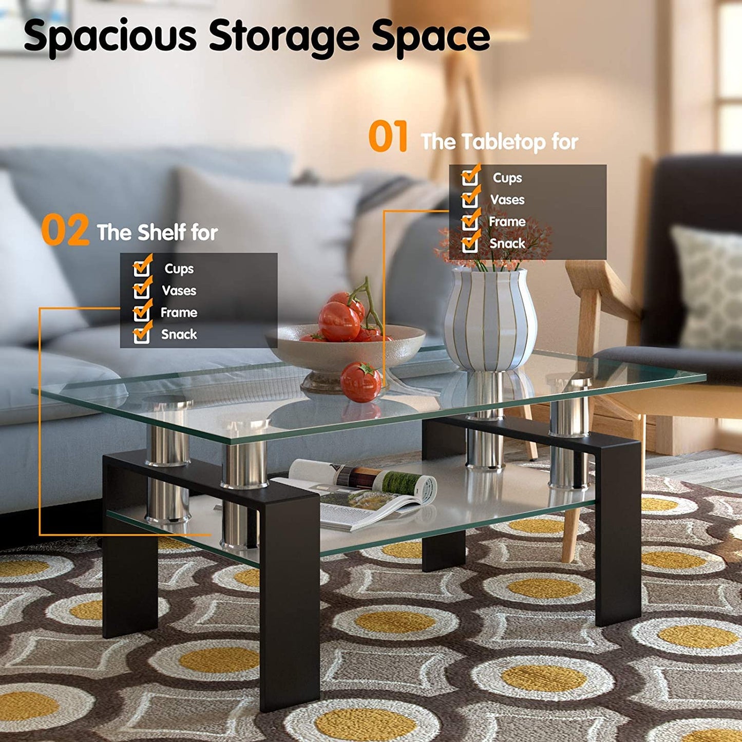 Rectangle Tempered Glass Coffee Table, Metal Leg Glass Tables for Living Room, Coffee Table for Home Office or Conversation Leisure Occasions, Rectangle Glass Table