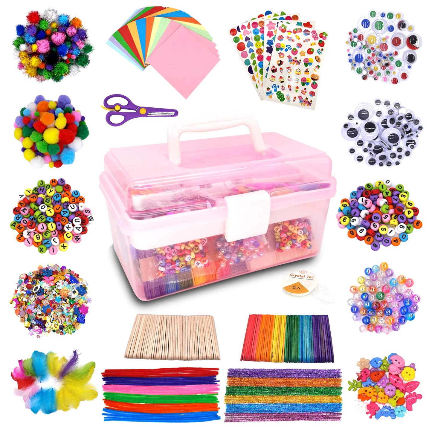 Irichna 1000+ Pcs Art and Craft Supplies for Kids, Toddler DIY Craft Art Supply Set Included Pom Poms, Pipe Cleaners, Feather, Folding Storage Box - All in One for DIY Craft Set (Pink)
