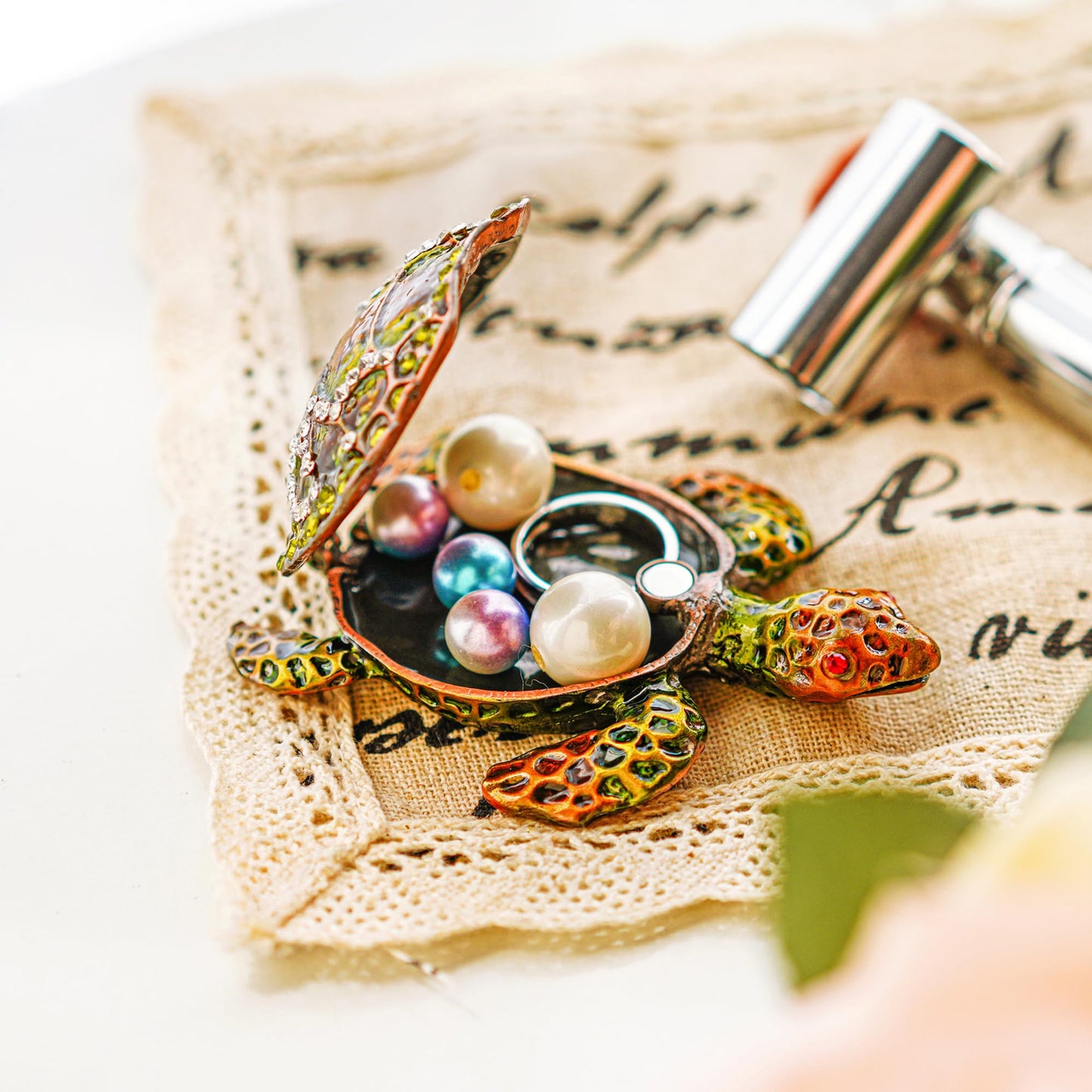 YU FENG Small Turtle Trinket Jewelry Box Hinged Rhinestones Jeweled Painted Enameled Sea Turtle Animal Figurines Collectible