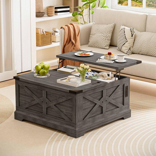 LAUSAINT HOME Farmhouse Lift Top Coffee Table with Large Hidden Storage Compartment, Wood Square Center Table with Lifting Top for Living Room, Home Office,Gray
