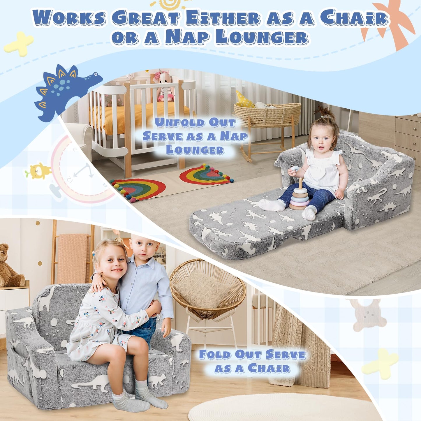 BUPPLEE Kids Sofa, 2-in-1 Soft Toddler Couch Fold Out, Toddler Chair Comfy with Cute Designs, Convertible Sofa to Lounger for Girls and Boys, Gray