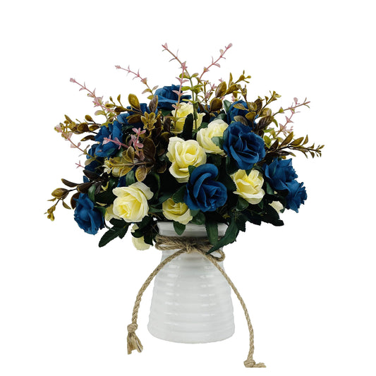 NAWEIDA Artificial Flowers with Vase Faux Flower Arrangements for Table Decor Table Centerpieces for Dining Room-Navy Blue