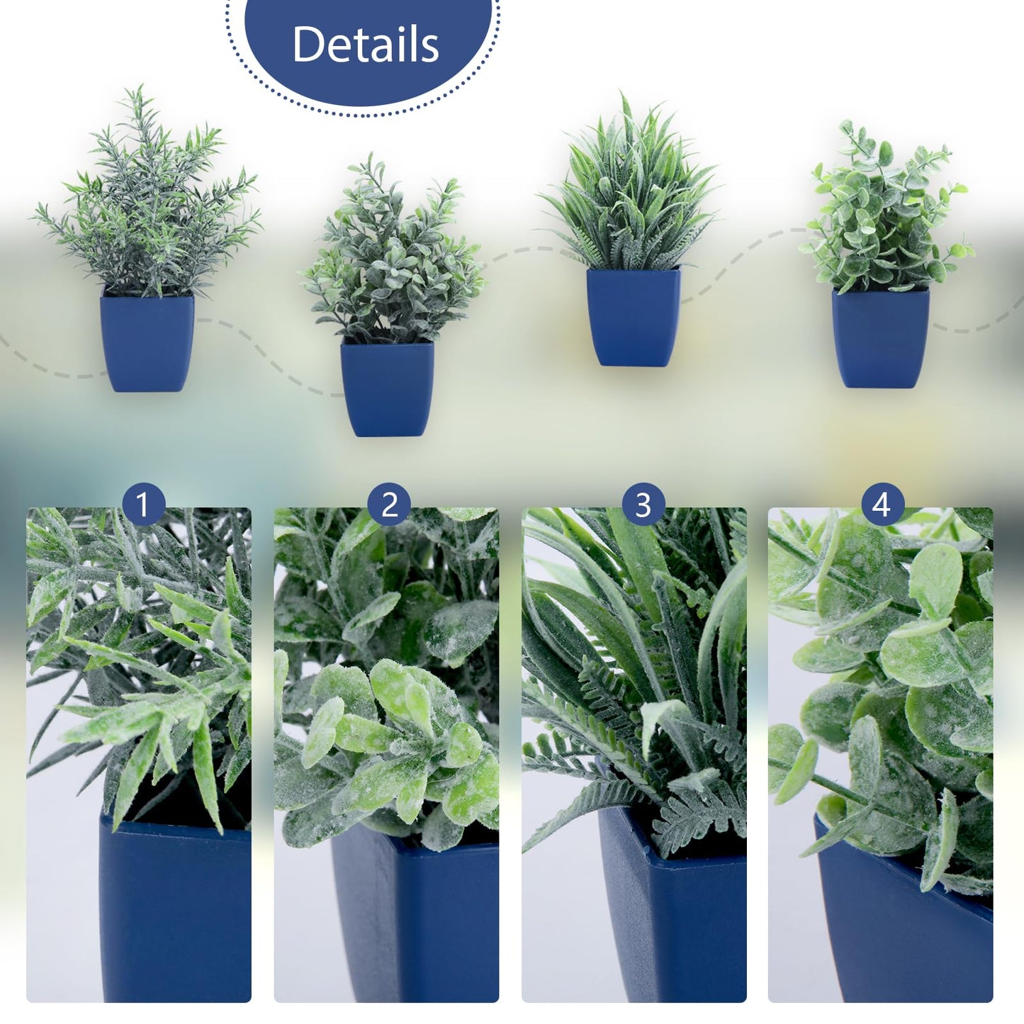 summer flower Set of 4 Fake Plants in Pot Small Artificial Eucalyptus Potted Plant Mini Wheat Grass Ferns Faux Greenery for Home Indoor Office Table Bathroom Farmhouse Decorations Blue