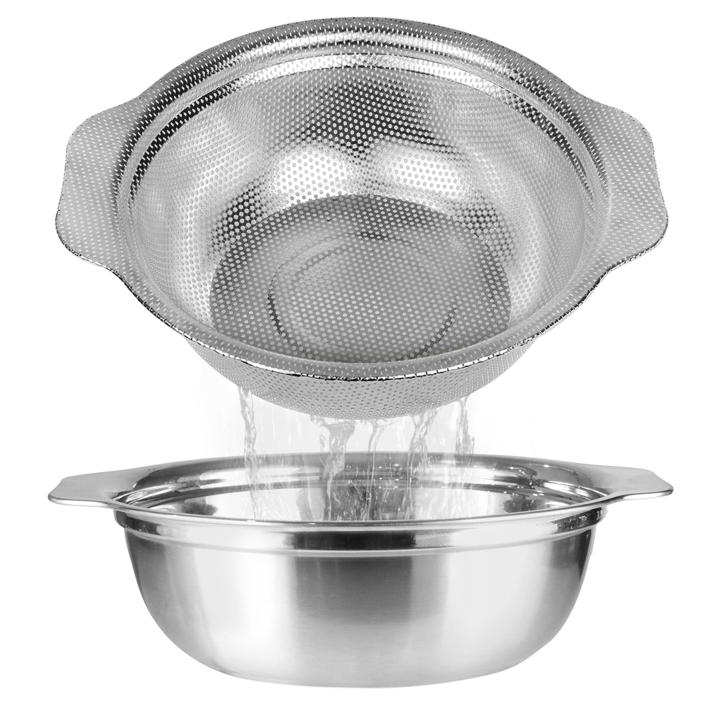 POPGRADE Stainless Steel Colander for Kitchen, 2.5QT Rice Washer Strainer with Mixing Bowl, Colander Bowl Set with Microporous for Washing Rice, Pasta, Spaghetti, Fruits, Dishwasher Safe(2PC)