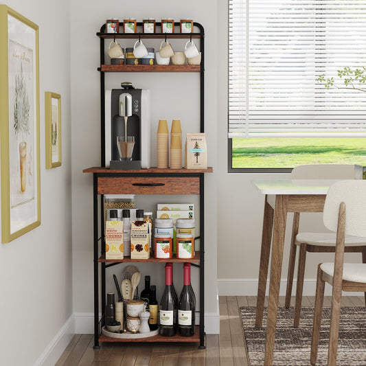 Homsorout Coffee Bar Station - Bakers Rack with Fabric Drawer, Microwave Oven Storage Stand, Bakers Rack for Coffee Stand Station, Home Kitchen Organizer, Brown