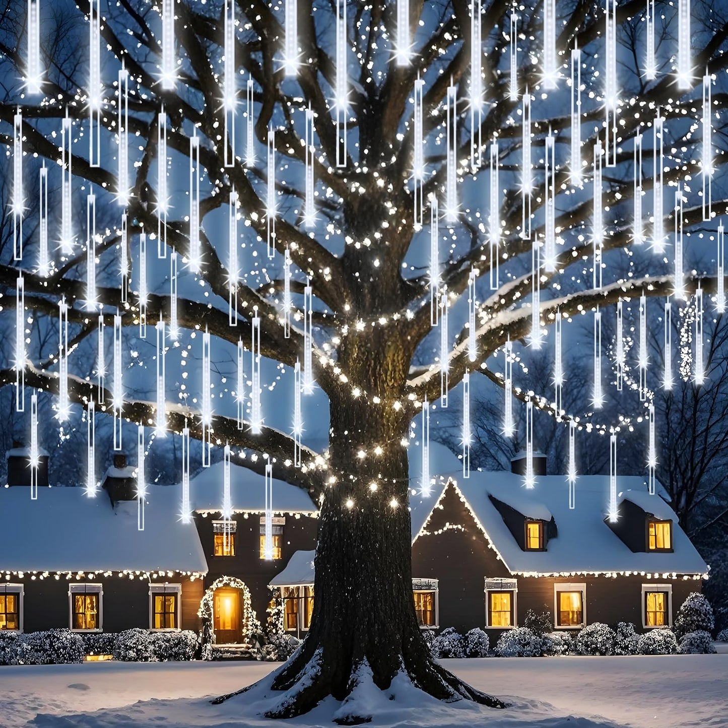 Adecorty Christmas Lights Outdoor, Meteor Shower Lights 8 Tubes 192LED UL Certified Snow Falling Rain Cascading Icicle Light for Xmas Tree Christmas Decorations Outdoor Wedding Party Window, White