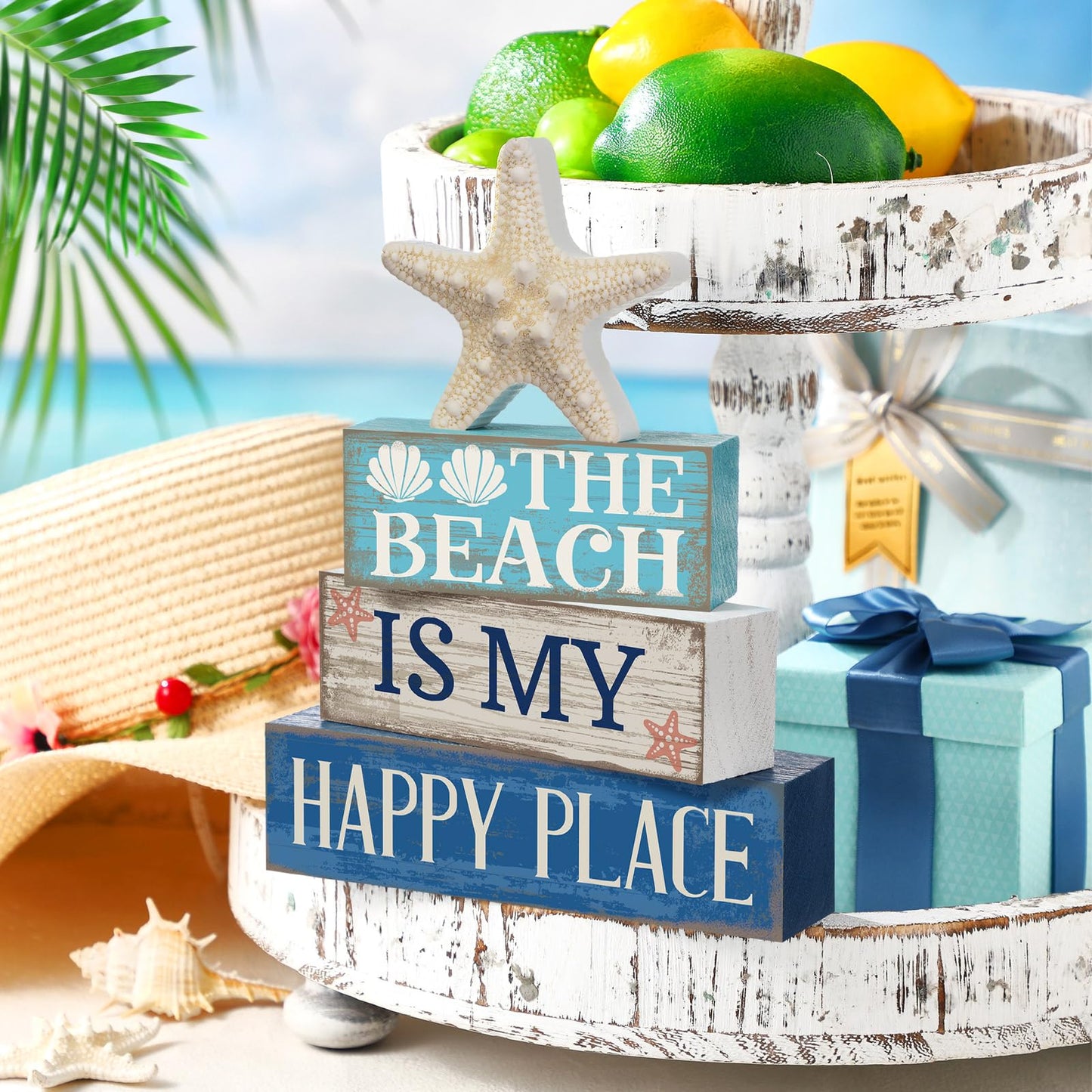 Moucuny 4 Pcs Summer Beach Tiered Tray Decor Ocean Starfish Shell Table Centerpieces Summer Rustic Decorative Starfish Block Signs Gift Farmhouse Tabletop Sign for Home Table Kitchen Shelf