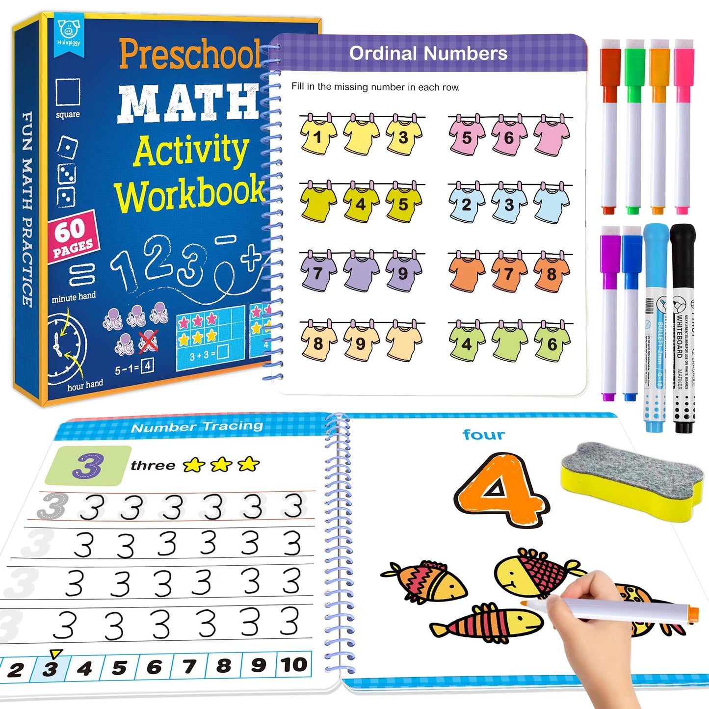 Hulupiggy Preschool Learning Activities 60 Reusable Pages, Number Tracing Addition Subtraction Math Practice Kindergarten Workbook, Educational Fine Motor Toddler Learning Toys for 3 4 5 Year Olds