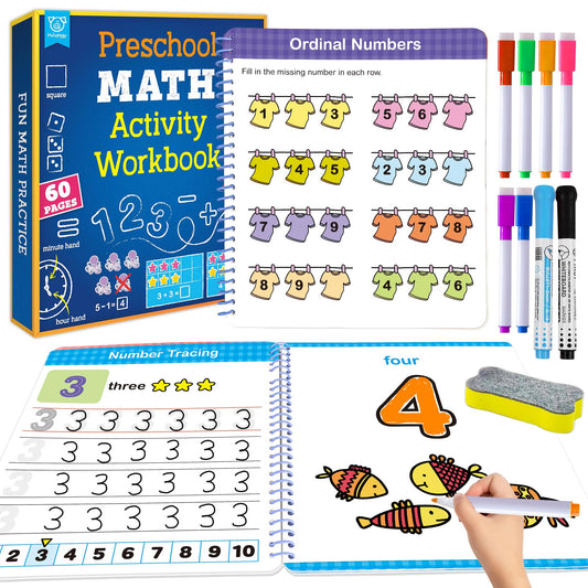 Hulupiggy Preschool Learning Activities 60 Reusable Pages, Number Tracing Addition Subtraction Math Practice Kindergarten Workbook, Educational Fine Motor Toddler Learning Toys for 3 4 5 Year Olds