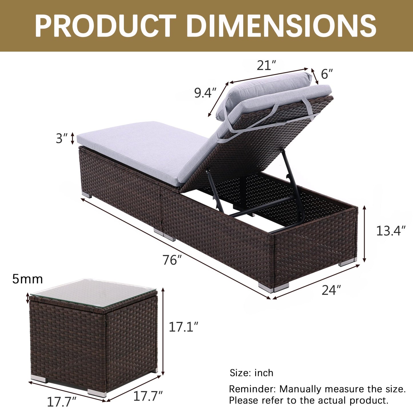 iArtHand 3 Pcs Patio Chaise Lounge with Coffee Table Cushion&Pillow Outdoor Lounge Chair Chaise Lounger Patio Reclining Chair 5 Angle Adjustment Brown Rattan for Courtyards Poolside Garden