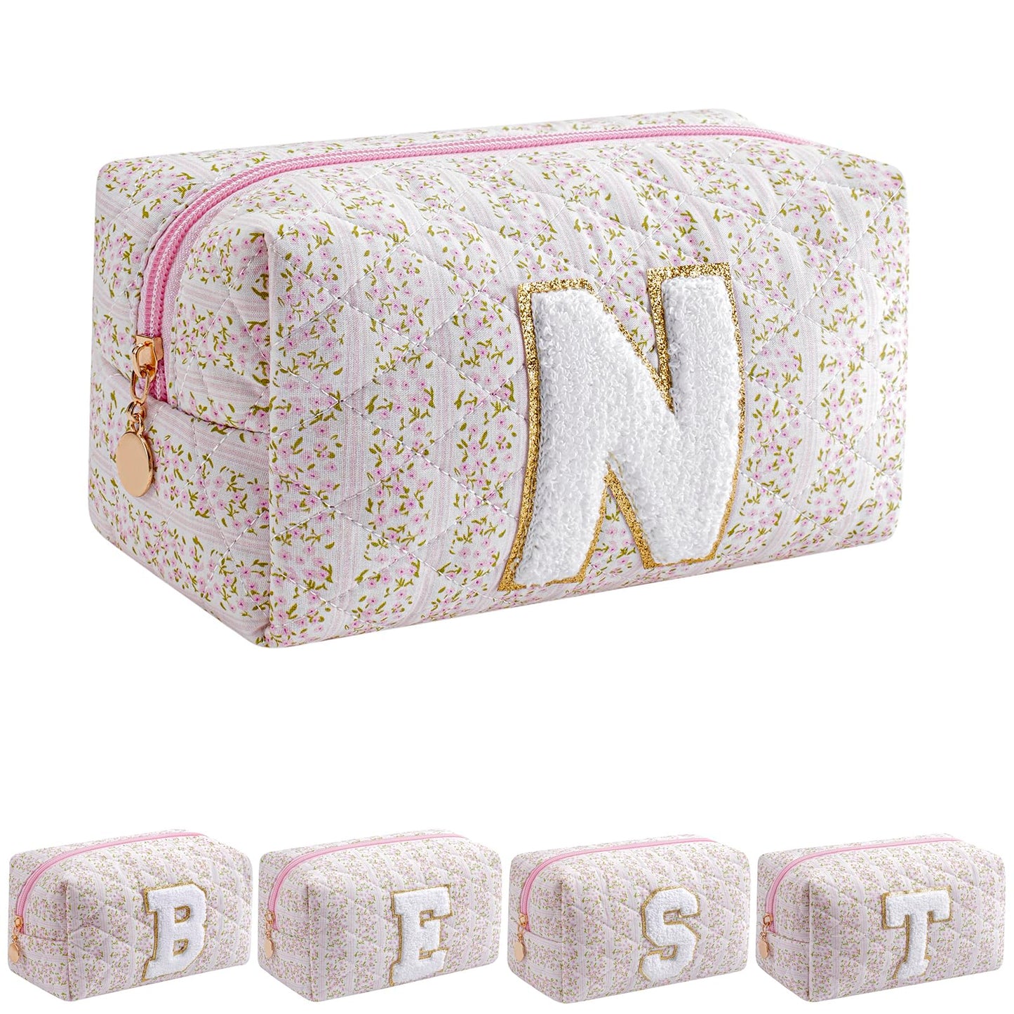 JOVAKIT Alphabet Makeup Bag Cosmetic Bag for Women, Christmas Gifts for Girls Age 6-18, Floral Flowers Coquette Travel Toiletry Zipper Make Up Pouch Organizer Trendy Stuff (Blue Floral M)