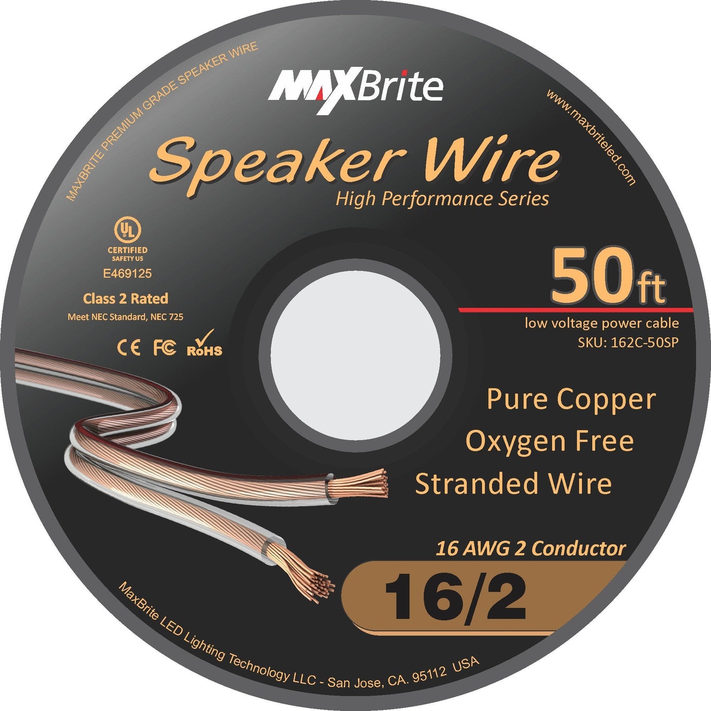 High Performance 16 Gauge Speaker Wire, Oxygen Free Pure Copper - UL Listed Class 2 (50 Feet Spool)