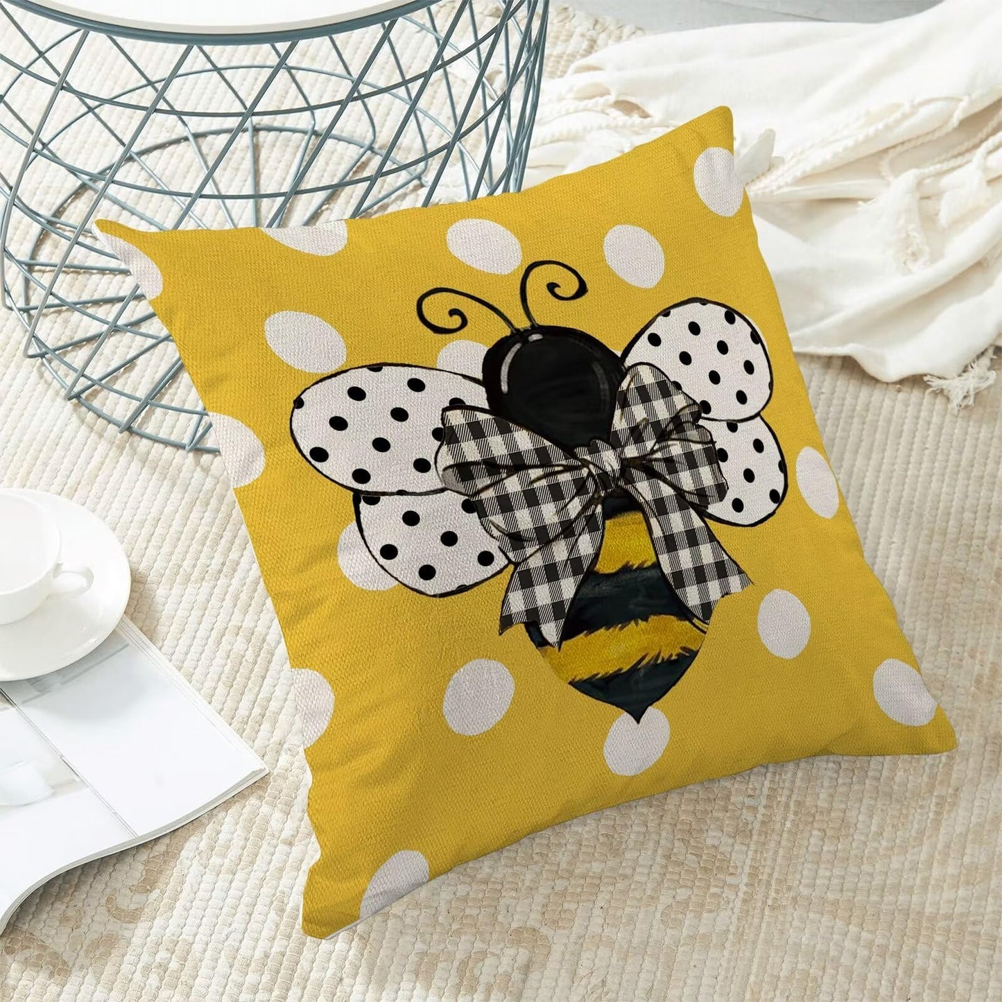Yellow Bee Pillow Covers 20x20 Set of 2 Polka Dots Outdoor Decorative Throw Pillow Covers Summer Farmhouse Seasonal Linen Cushion Case for Home Sofa Couch Outdoor Decor