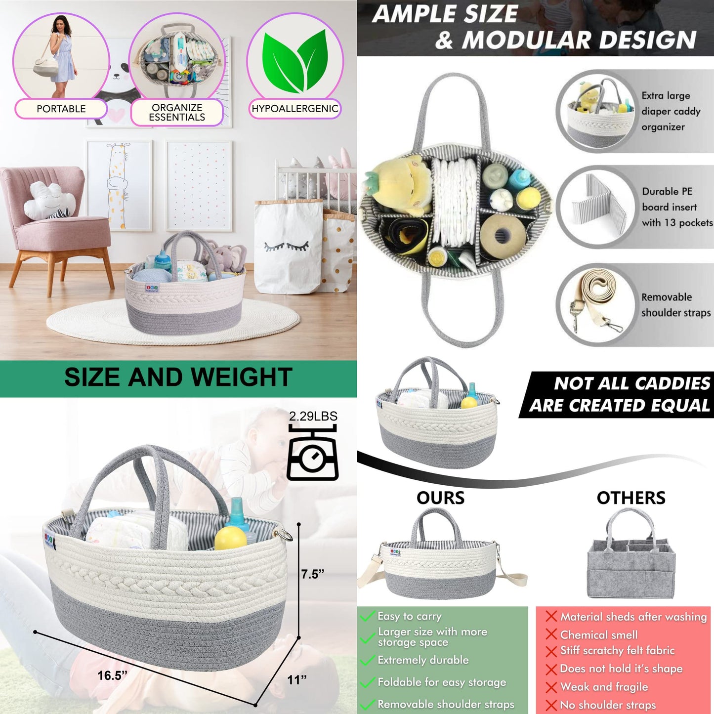 Extra Large Baby Diaper Caddy Organizer - Portable Rope Nursery Basket for Changing Table Storage - Baby Essentials Organizer for Diapers, Wipes, and More