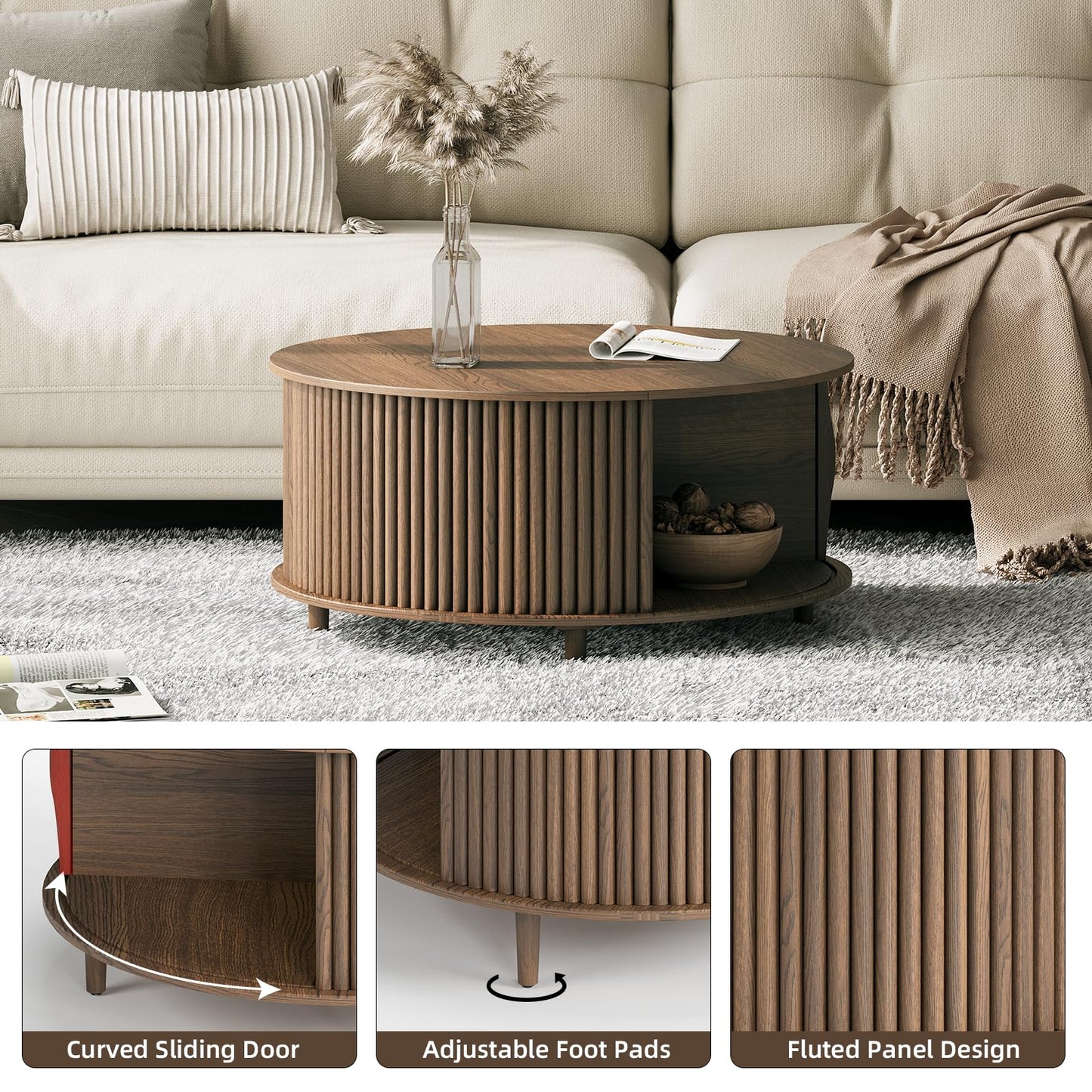 JOINICE, Round Coffee Table with Storage, Mid Century Modern Center Table with Sliding Cabinet Door, Fluted Dining Table for Living Room, Home Small Space, 31.5", Walnut