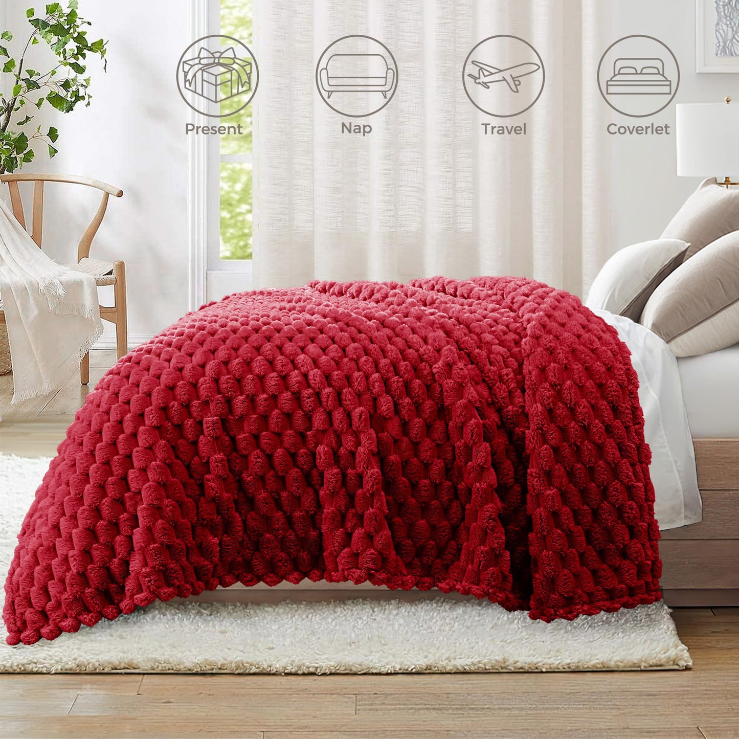 Whale Flotilla Throw Blanket for Couch with Jacquard Pattern, Fuzzy Soft Cozy Exquisite Blankets for All Season, Warm and Fluffy, 50x60 Inch, Red