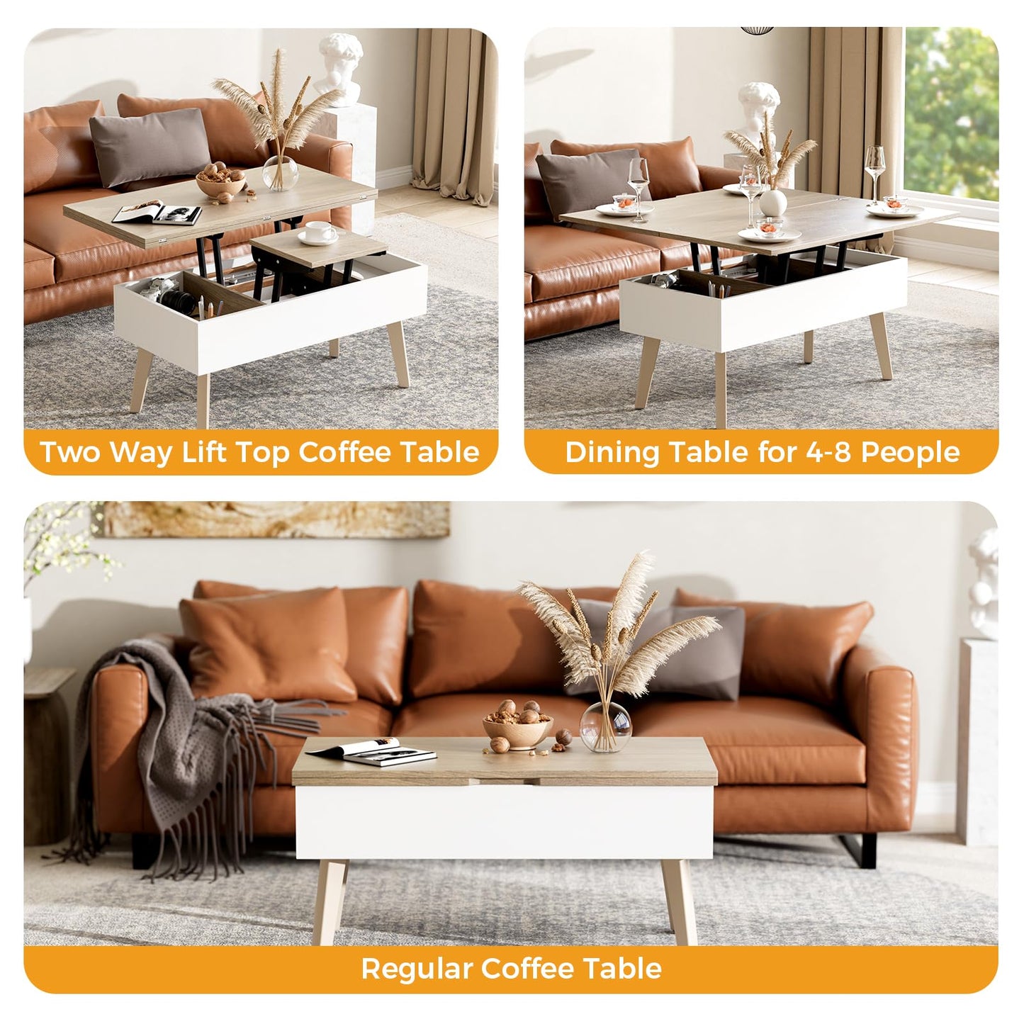 Bidiso 3 in 1 Lift Top Coffee Table, Ten Minutes Install Multifunction Coffee Table, Coffee Table Converts to Dining Table, Lift Top Dining Table Work Desk with Storage,Light Oak