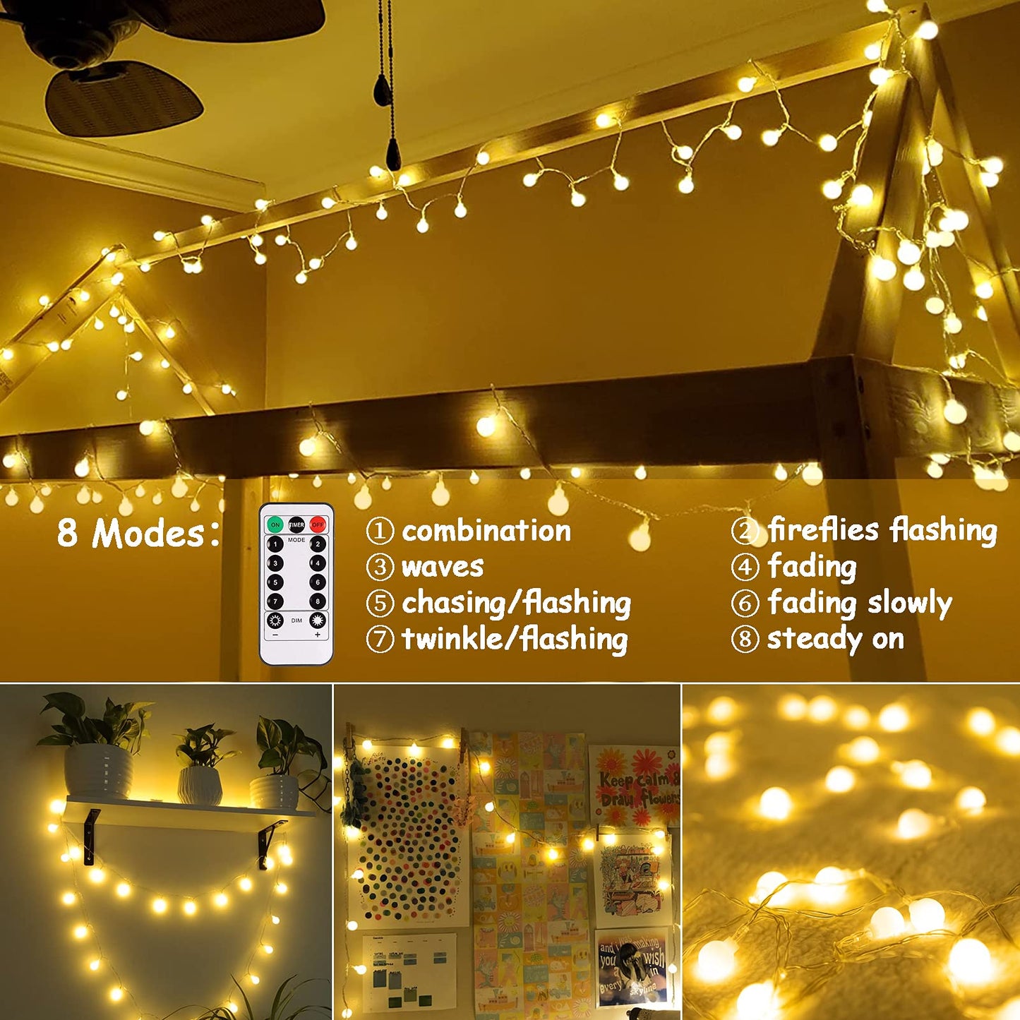 echosari Battery Operated String Lights, 16.5 Feet 50 LED Camping Globe Lights with Remote Timer 8 Modes Frosted Ball Fairy Light for Bedroom Wedding Xmas Tree Party Decoration (Warm White)