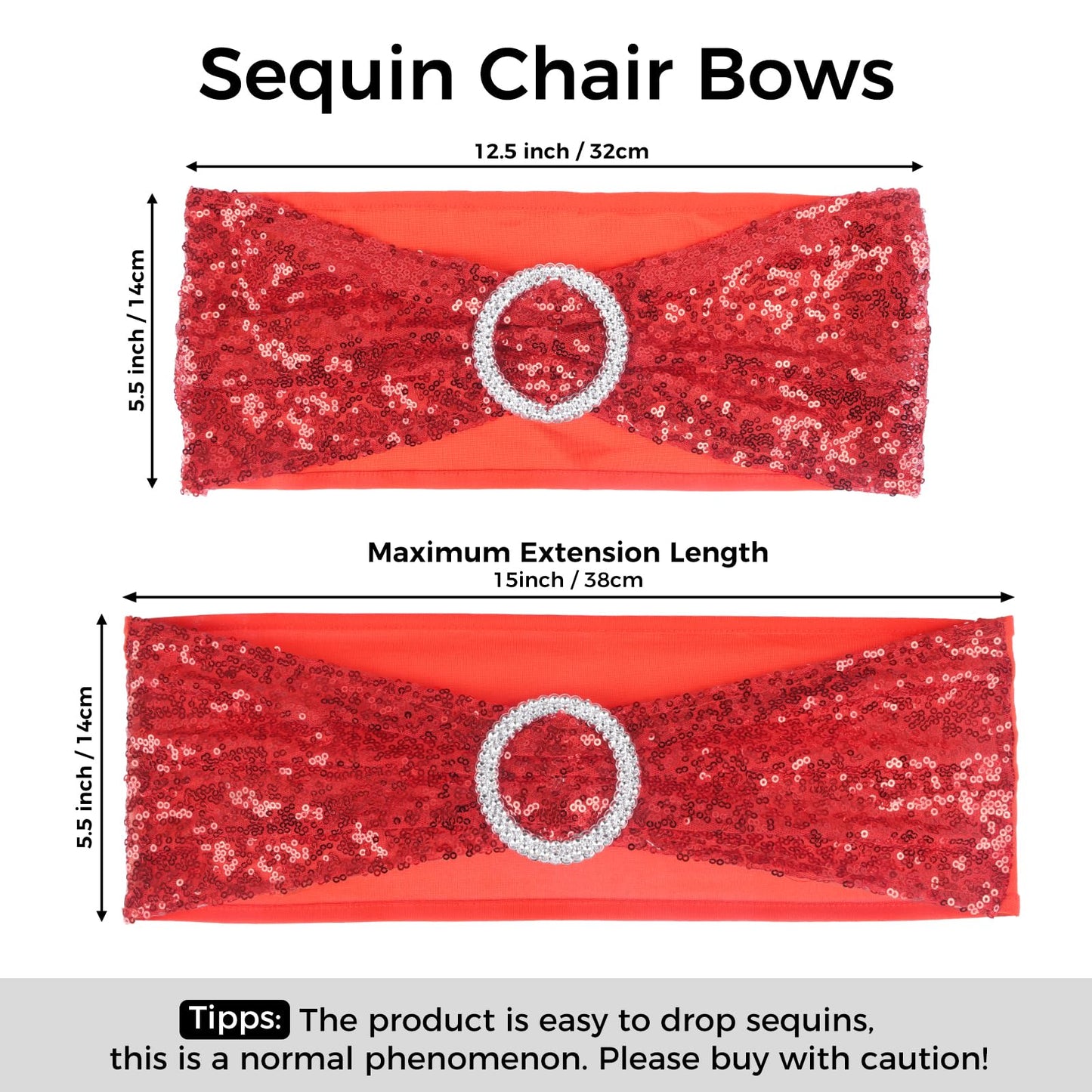 Babenest 10pcs Sequin Chair Sashes with Buckle Slider, One-Sided Sequins Stretchy Spandex Bands, Glitter Elastic Chair Ties for Wedding Party Ceremony Banquet Decorations (Red)