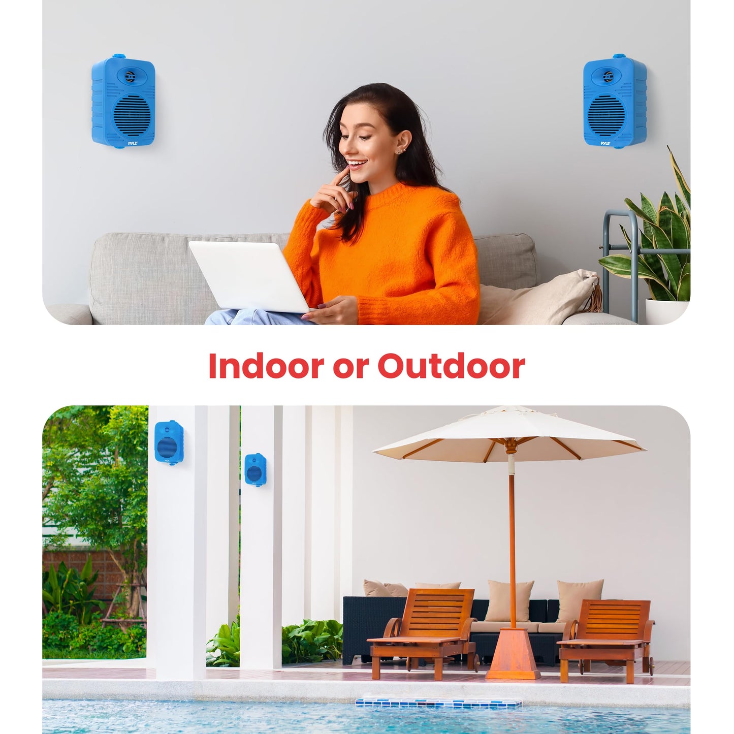 Pyle 300 Watt Bluetooth Indoor Outdoor Speakers Pair - Dual Waterproof 4” 2-Way Full Range Speaker System w/ 1/2” High Compliance Polymer Tweeter | Home, Boat, Marine, Deck, Patio, Poolside (Blue)