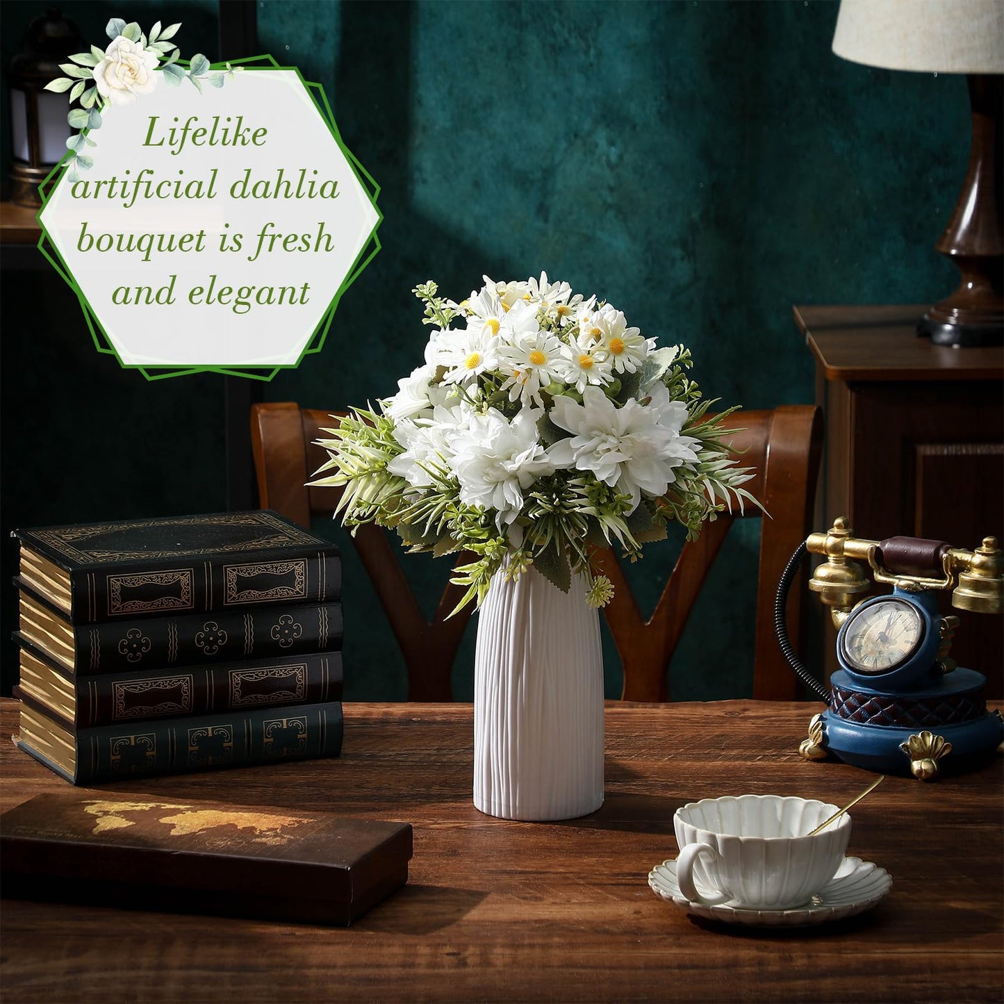 Giegxin 6 Bundles Artificial Dahlia Flowers Bouquets with Daisies Silk Flowers Artificial with Stems Floral Arrangements Faux Dahlias for Home Wedding Party Office Decor(White)