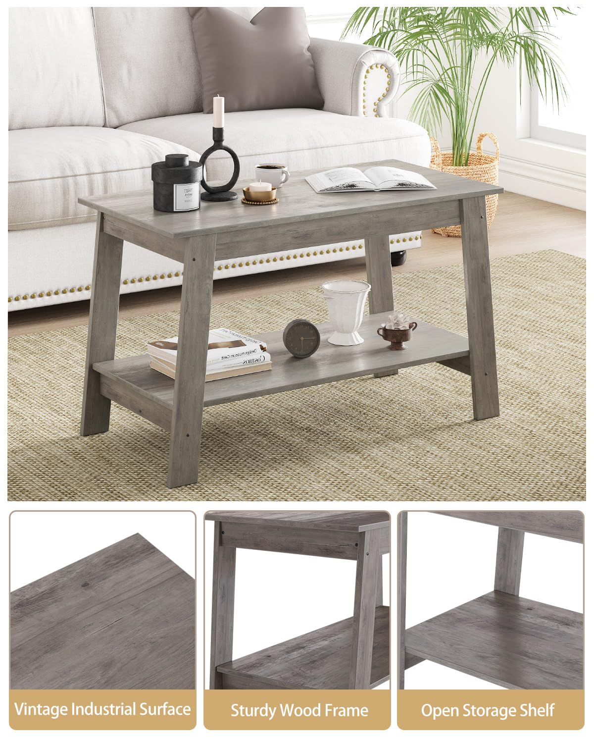 Coffee Table, Coffee Table for Living Room, Modern Farmhouse Coffee Table with Storage Shelf, 2-Tier Living Room Table Rectangular Center Table, Home Office Industrial Cocktail Tables, Grey