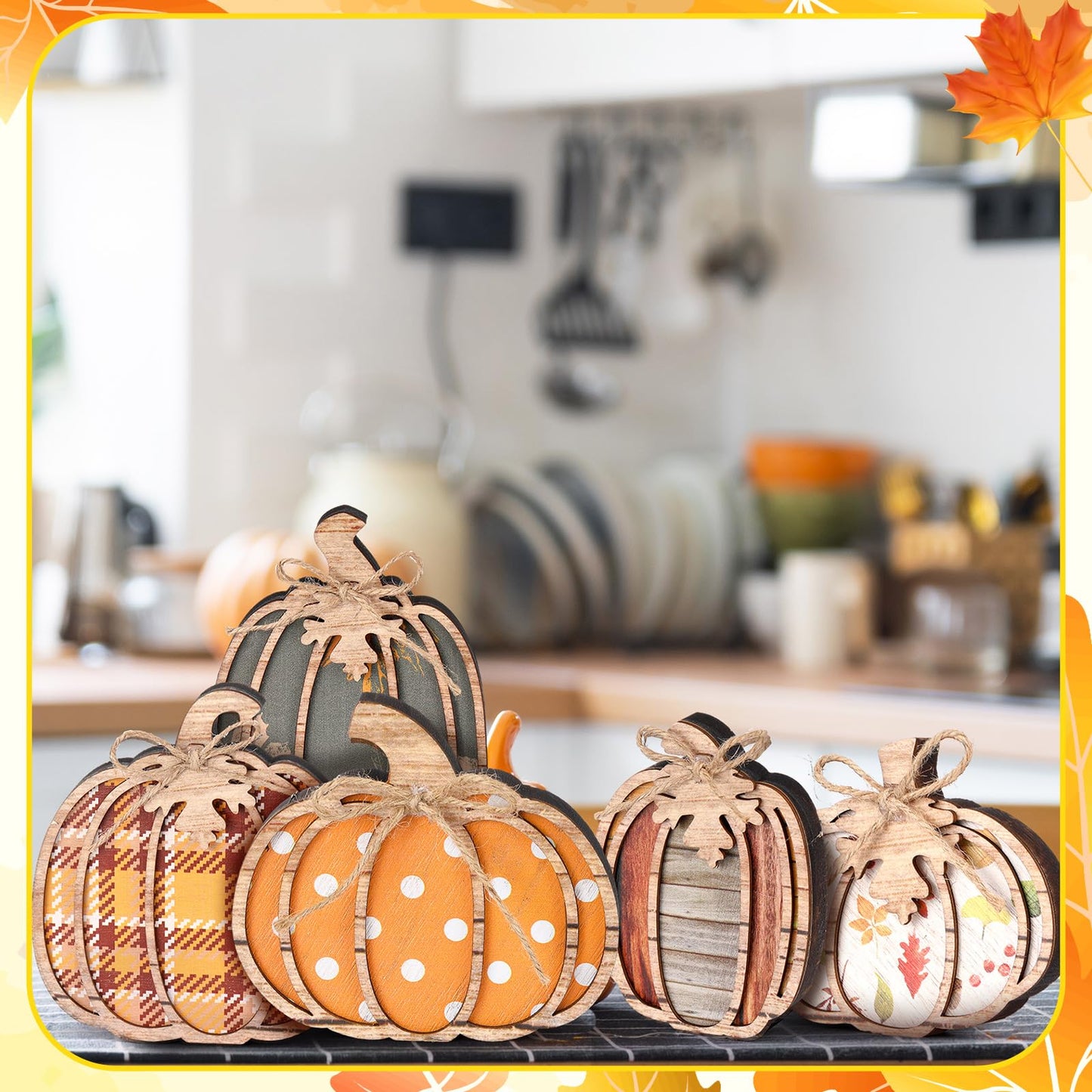 Leinuosen 6 Pcs Fall Pumpkin Decor Pumpkin Wooden Block Sign Fall Tiered Tray Decor for Home Autumn Table Centerpieces Decorations for Thanksgiving Harvest Table Mantel Shelf
