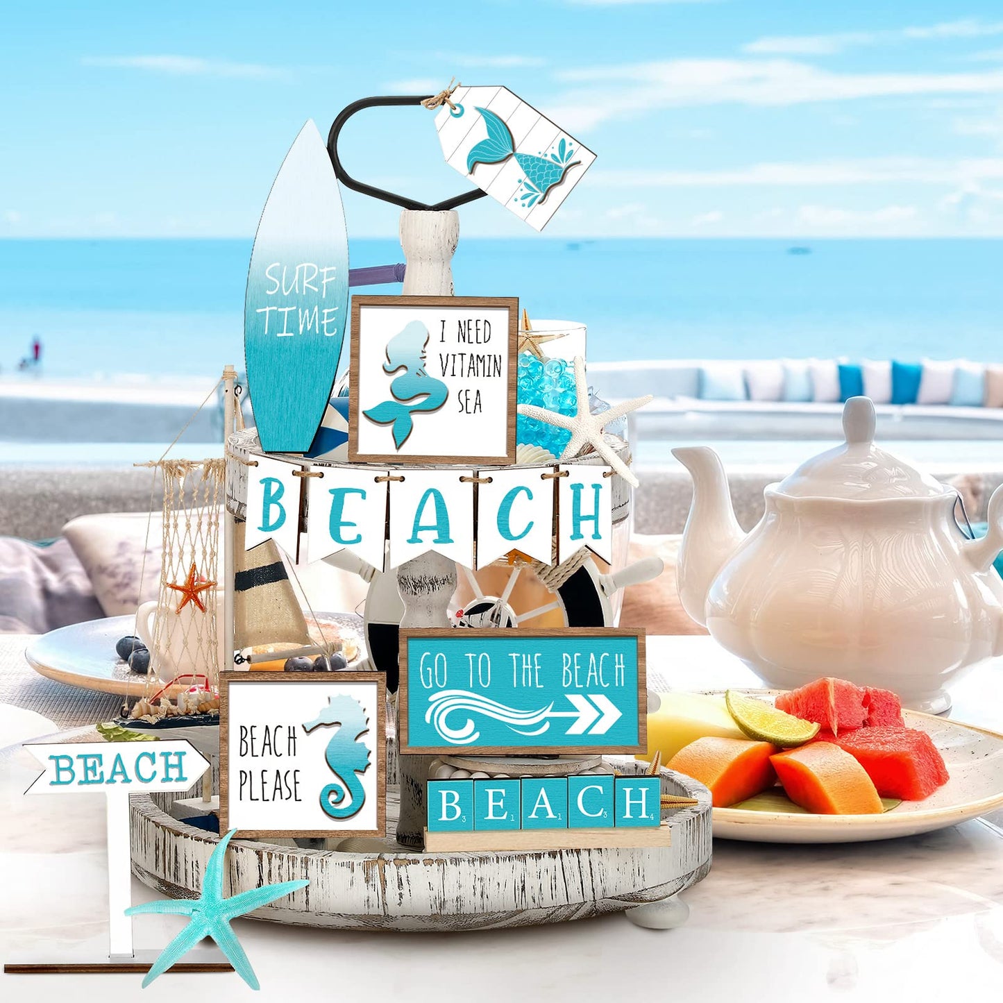 FairySandy 14 Pcs Summer Beach Tiered Tray Decor Set Farmhouse Wooden Beach Starfish Table Decor Blue Rustic Tabletop Sign Coastal Centerpieces for Summer Home Kitchen Table Hawaii Party Holiday