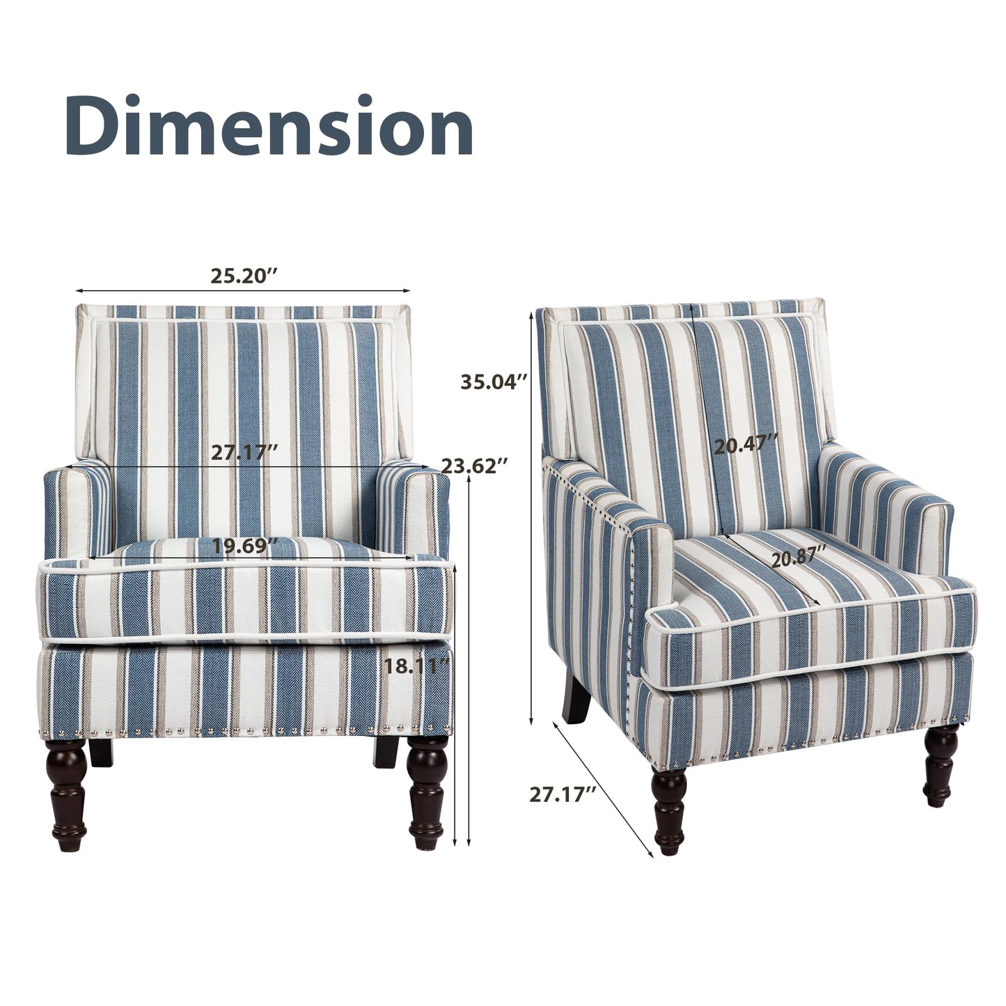 WakeZero Accent Chair, Modern Comfy Mid-Century Accent Chairs Upholstered Lounge Armchair with Solid Wood Frame for Living Room/Bedroom-Blue Stripe