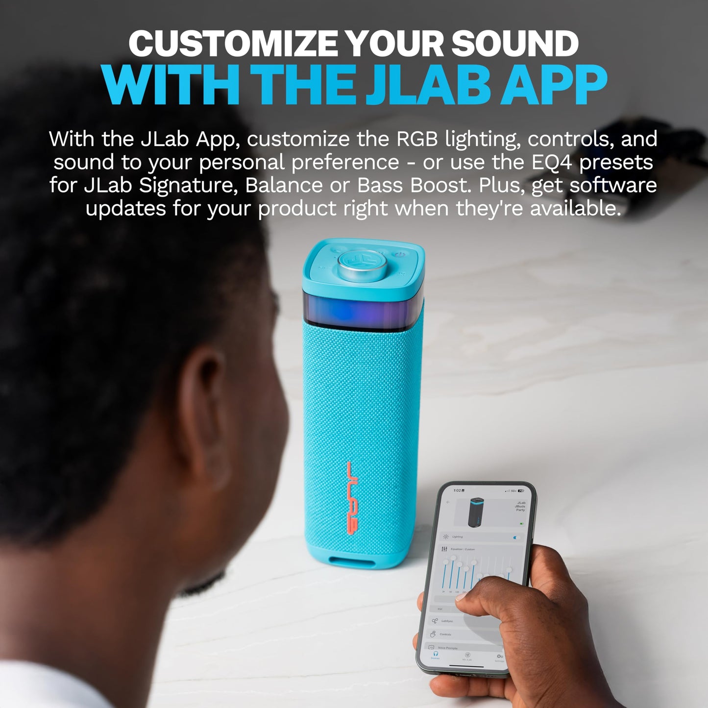 JLab JBuds Party Portable Bluetooth Speaker, 2 Full-Range Drivers + 2 Passive Woofers, IPX6 Waterproof, 12 Hours Playtime, Connect Multiple Speakers, Custom Sound + RGB Lighting via App, Cyan