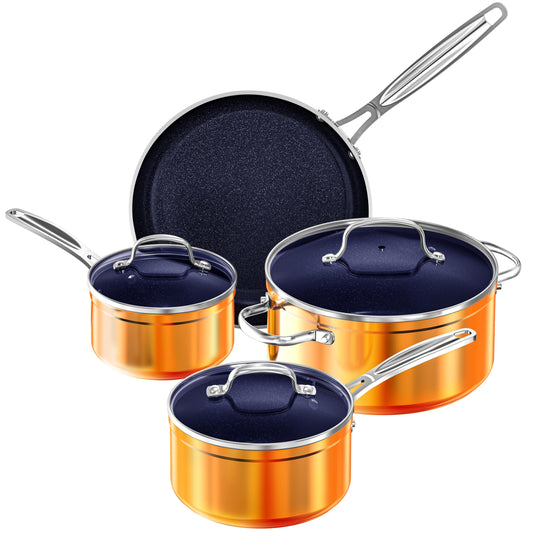 Nuwave 7pc Cookware Set Healthy Duralon Blue Ceramic Nonstick Coated, Diamond Infused Scratch-Resistant, PFAS Free, Oven Safe, Induction Ready & Evenly Heats, Tempered Glass Lids & Stay-Cool Handle