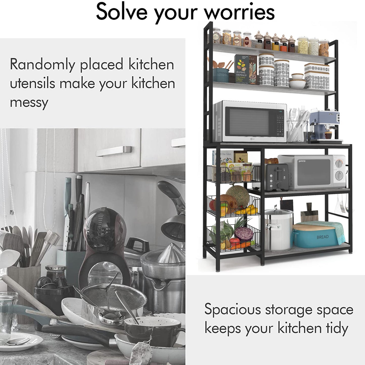 Chnnmbrn Kitchen Bakers Rack with Baskets,Free Standing Shelf,5-Tier Kitchen Utility Storage Shelf with Hooks, Microwave Oven Stand Rack Grey