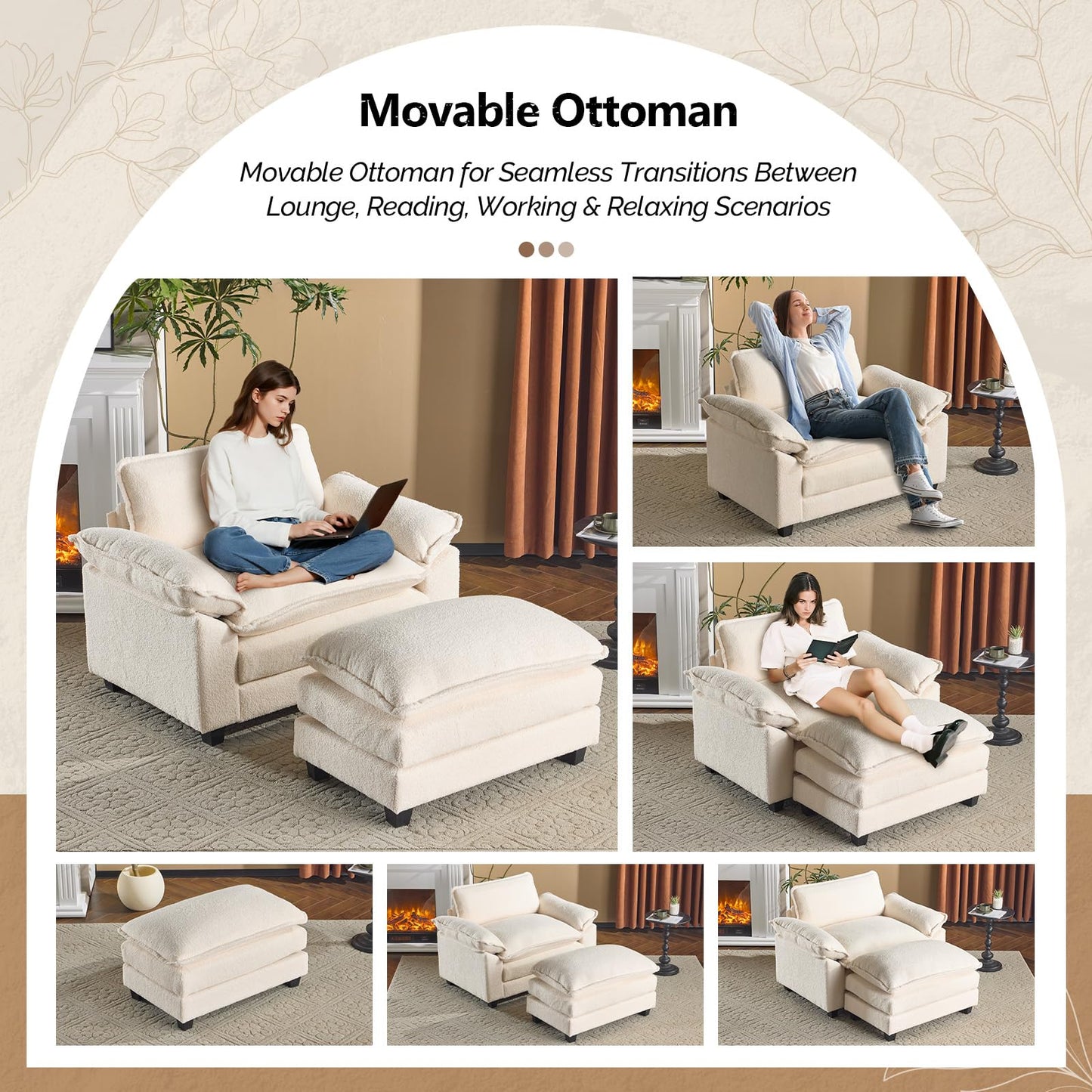 VINGLI Oversized Sofa Chair and a Half with Deep Seat & Movable 2-Layer Ottoman Set, Comfy Cloud Sofa Bed with Chaise, 1-Seater Modular Sectional Sleeper Couch for Living Room, Teddy-Fleece, Beige