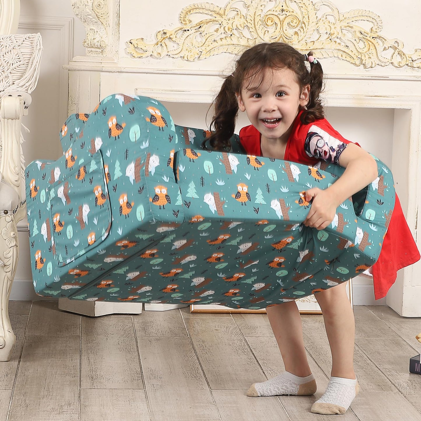 MOMCAYWEX Happy Owl Kids Sofa, 2-in-1 Kids Couch Fold Out, Convertible Sofa to Bed for Girls and Boys