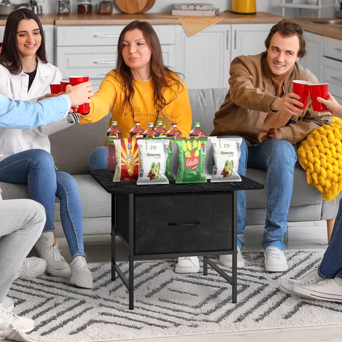 Shinoske Square Coffee Table with Storage Drawer,Small Black Coffee Tables for Living Room,2-Tier Farmhouse Center Table with Round Corners for Small Space,Apartment,Office