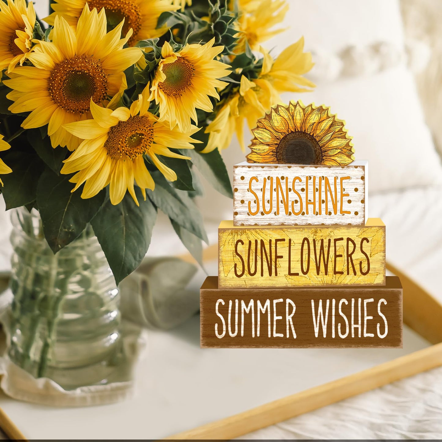 TOMPOP 4 Pcs Summer Tiered Tray Decorations Set Sunflower Stack Block Signs Sunshine Farmhouse Rustic Table Tiered Tray Décor for Table & Home Office (Half-Sunflower Style)