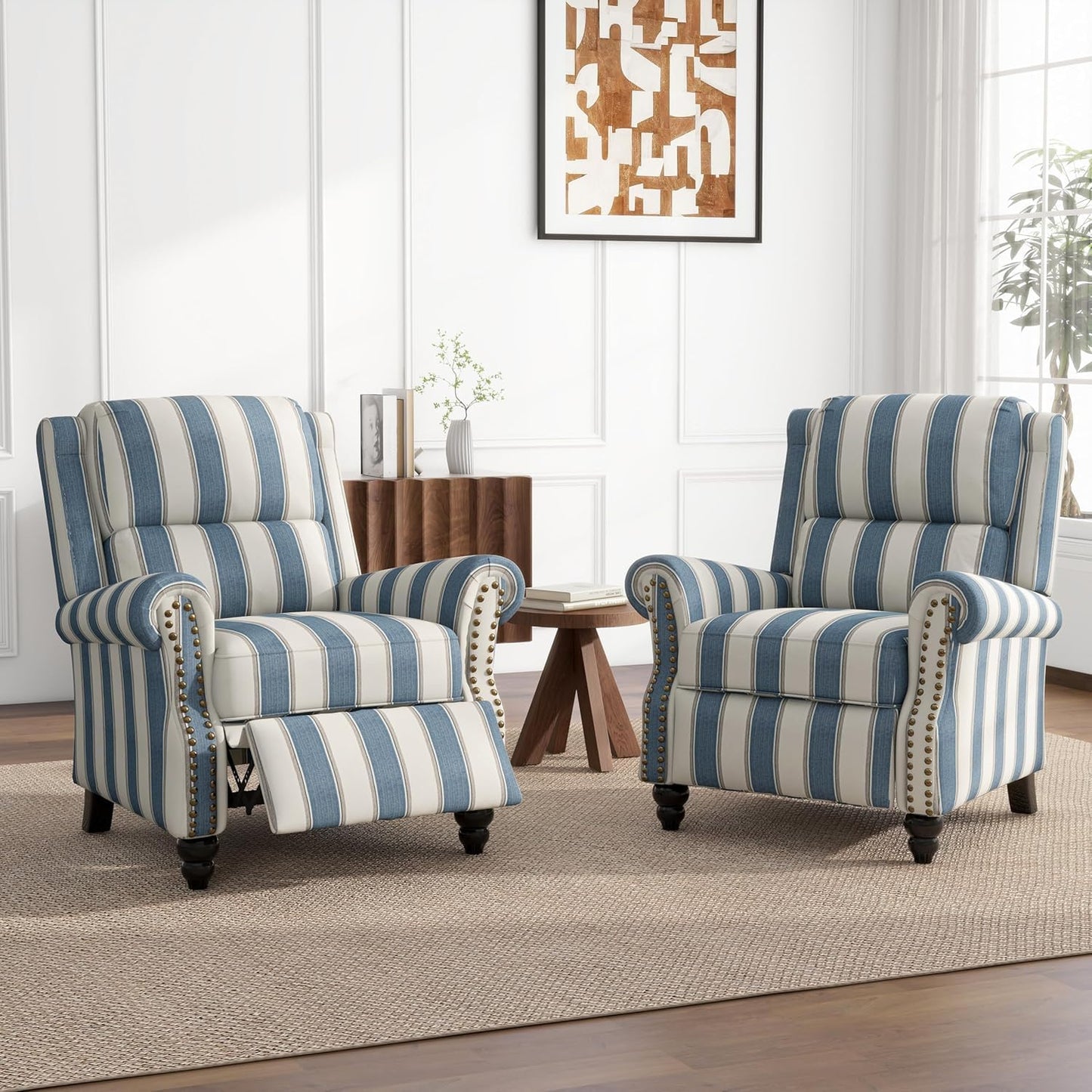 UIXE Pushback Recliner Chairs Set of 2, Fabric Armchair Push Back Accent Chair for Living Room, Rivet Trim Club Chair Overstuffed Home Theater Bedroom Reading Seat - Strip Navy