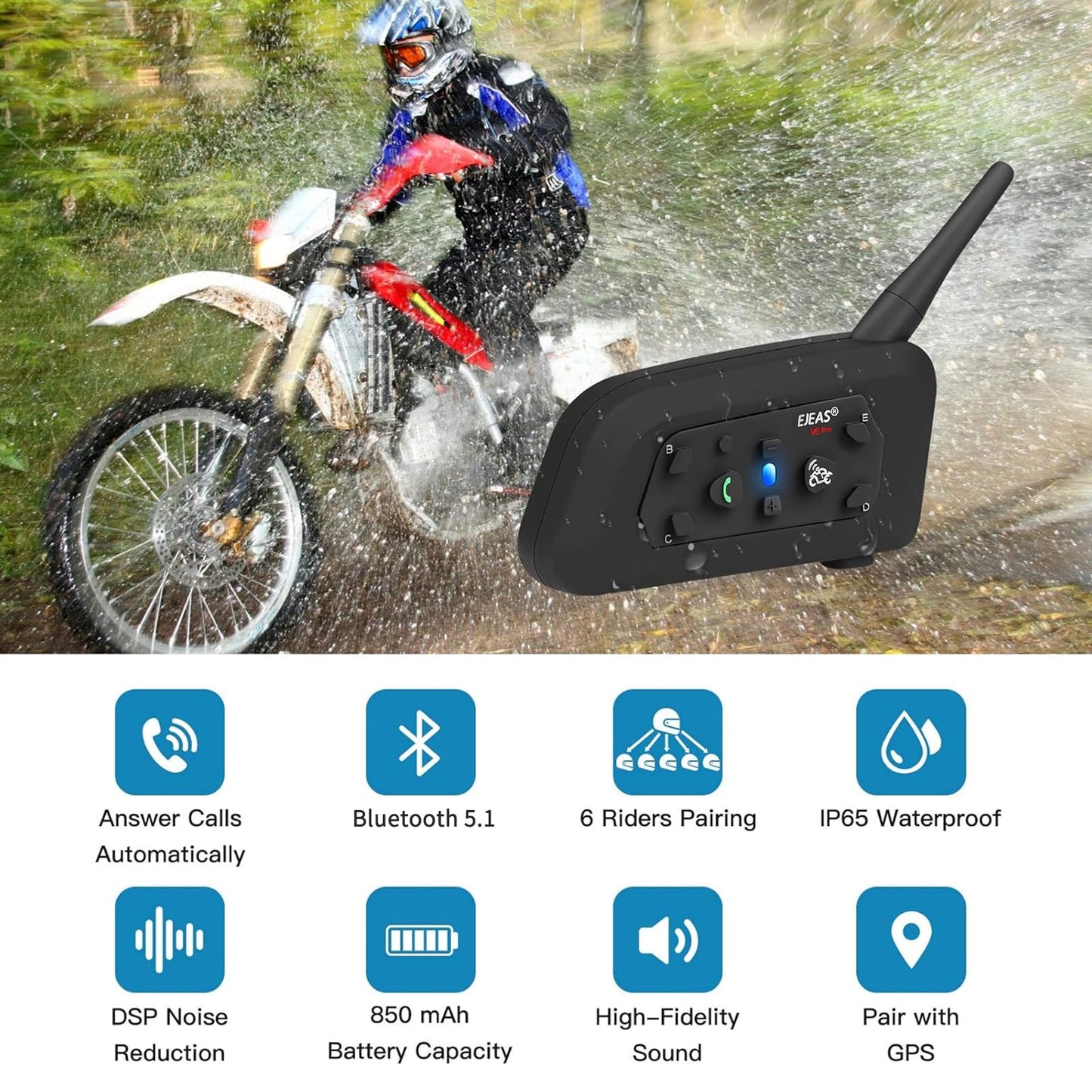 EJEAS V6 Pro Motorcycle Helmet Bluetooth Intercom, 2-Way 1200M Motorcycle Bluetooth Headset Universal Communication System with Noise Cancellation and Waterproof for Dirt Bike/ATV/Snowmobile (2PCS)