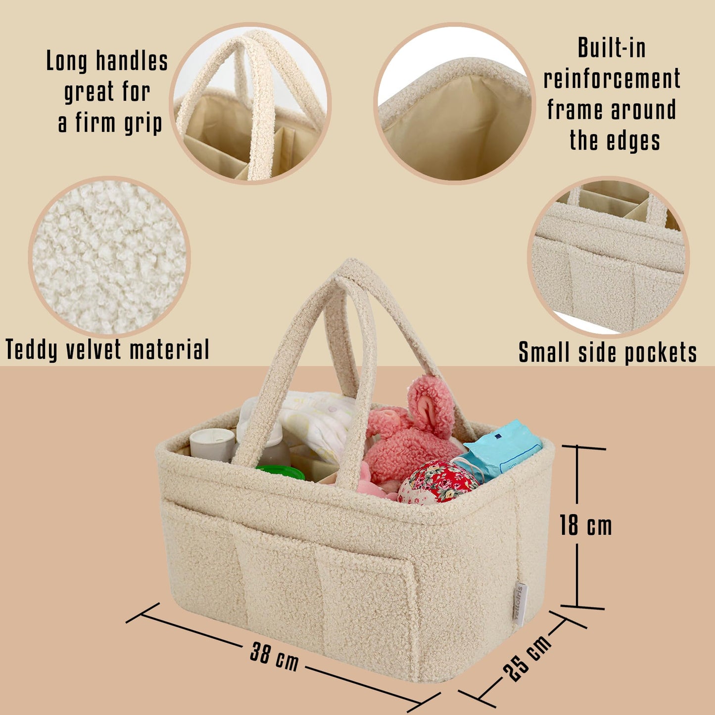 YelloIris Baby Diaper Caddy Organizer – Soft Beige Sherpa with 3 Removable Compartments & 6 Side Pockets – Perfect Nursery Storage Bin & Car Organizer for Diapers, Baby Wipes, and Essential Supplies.
