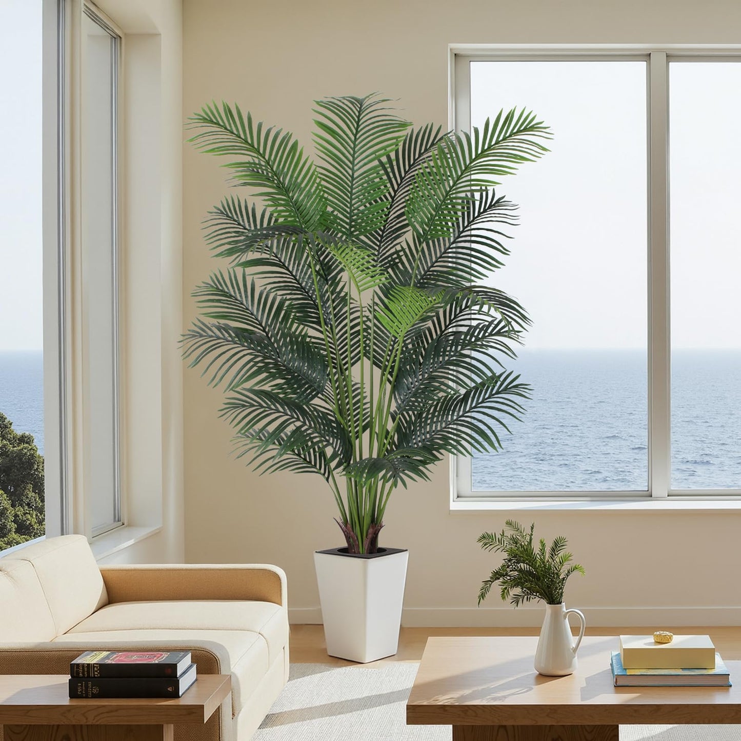 Artificial Palm Tree with White Tall Planter, 7ft Tall Potted Artificial Silk Palm Tree Plant, Fake Tropical Plant, Home Office Floor Room Decor Plants Indoor Outdoor, Housewarming Gift