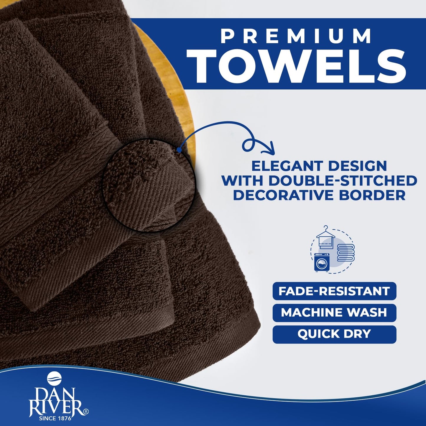 DAN RIVER 100% Ring Spun Cotton 8-Piece Towel Set, Brown, 2 Bath Towels, 2 Hand Towels and 4 Washcloths, 550 GSM - Soft and Absorbent for Bathroom, Spa, and Gym