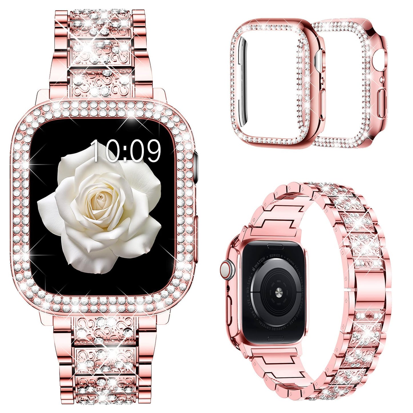 Mosonio Compatible with Apple Watch Band 38mm with Case Women, Jewelry Replacement Metal Wristband Strap with 2 Pack Bling PC Protective Cover for iWatch Series 3/2/1(Pink)