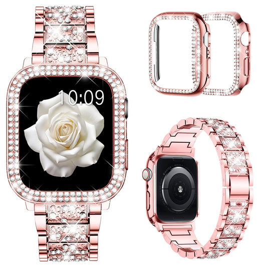 Mosonio Compatible with Apple Watch Band 38mm with Case Women, Jewelry Replacement Metal Wristband Strap with 2 Pack Bling PC Protective Cover for iWatch Series 3/2/1(Pink)