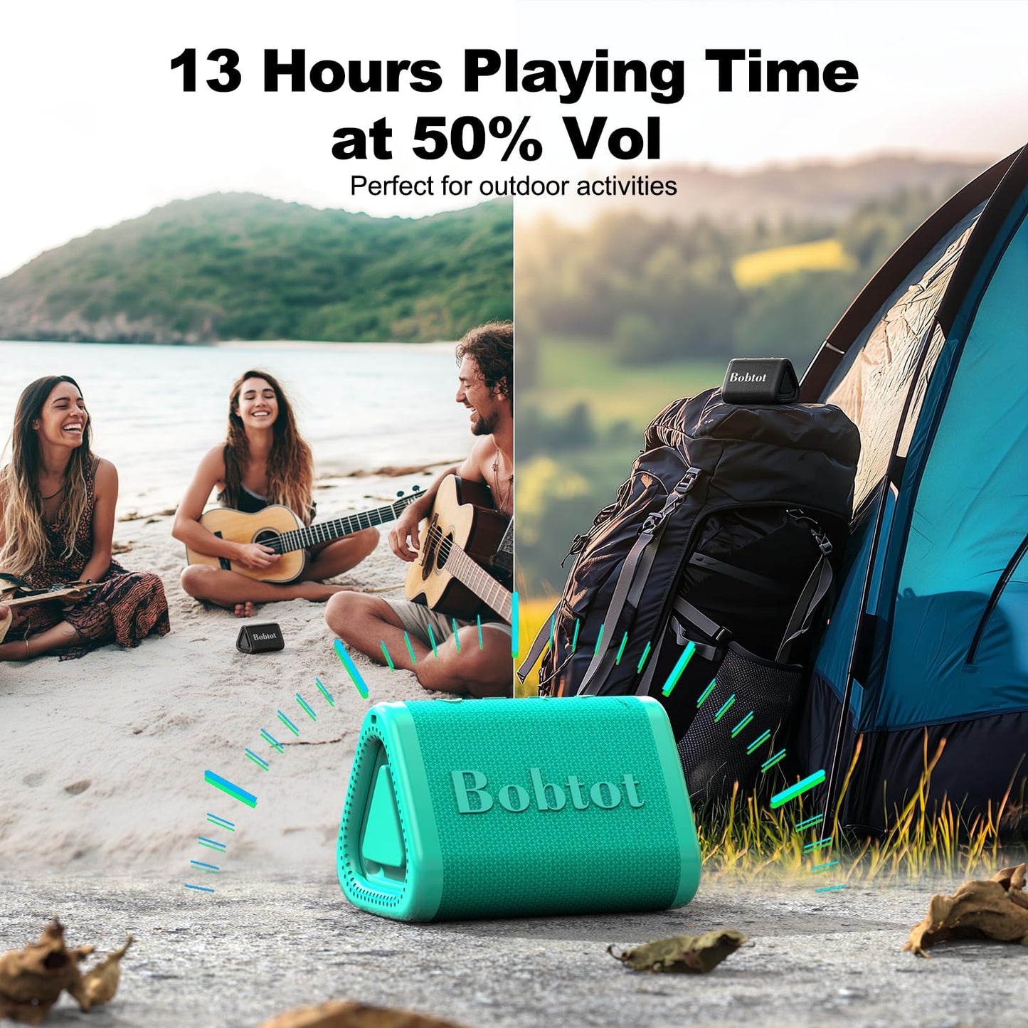 Bobtot Portable Bluetooth Speaker Wireless, IPX7 Small Shower Speaker Waterproof, 15H Playing Time, Loud and Stereo Sound with Bass, TWS Pairing for Party, Camping, Travel, Green