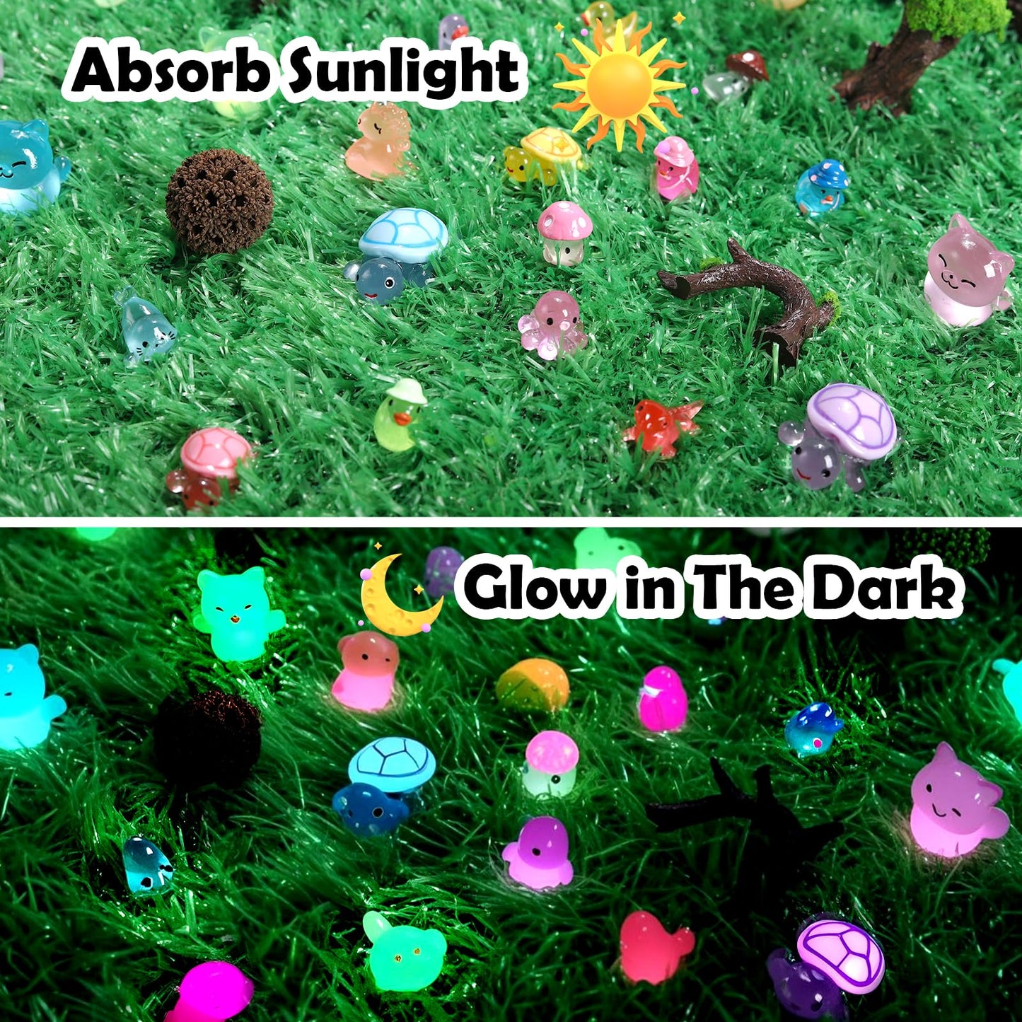 IHFAIO 100PCs Mini Resin Animals, Mini Ducks Unicorns Rabbits Dolphin Frog Dinosaur Cat Luminous Animals Glow in The Dark to Hide Around The Office Home for DIY Garden Dollhouse Combination