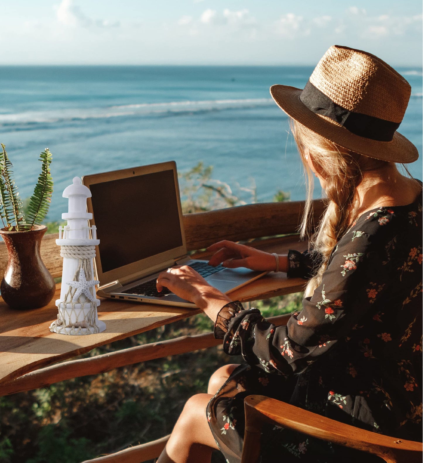 Puzzled COTA Global White Lighthouse Decor - Handmade and Crafted Wooden Lighthouse Decoration with Starfish, Decorative Tabletop Centerpiece Home Decor - 8.75 Inches